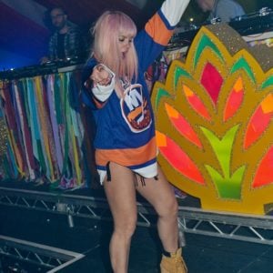 Lily Allen dancing in jersey and high heels by herself at Funlord show