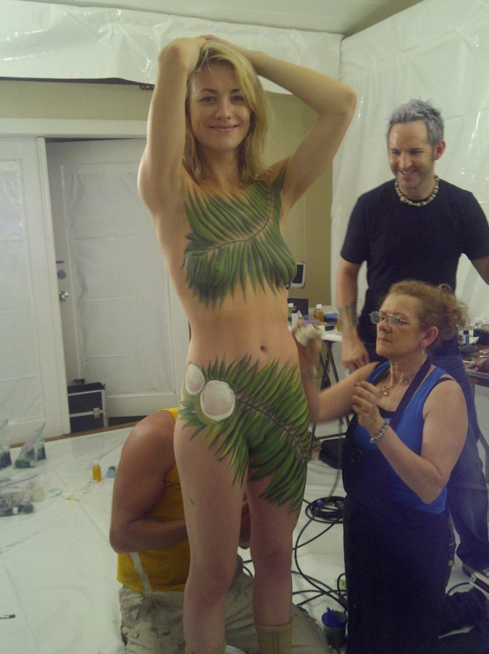 Yvonne Strahovski getting painted with her arms on her head
