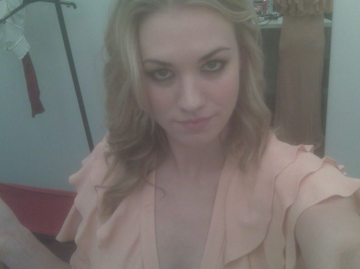 Yvonne Strahovski selfie wearing a pink shirt